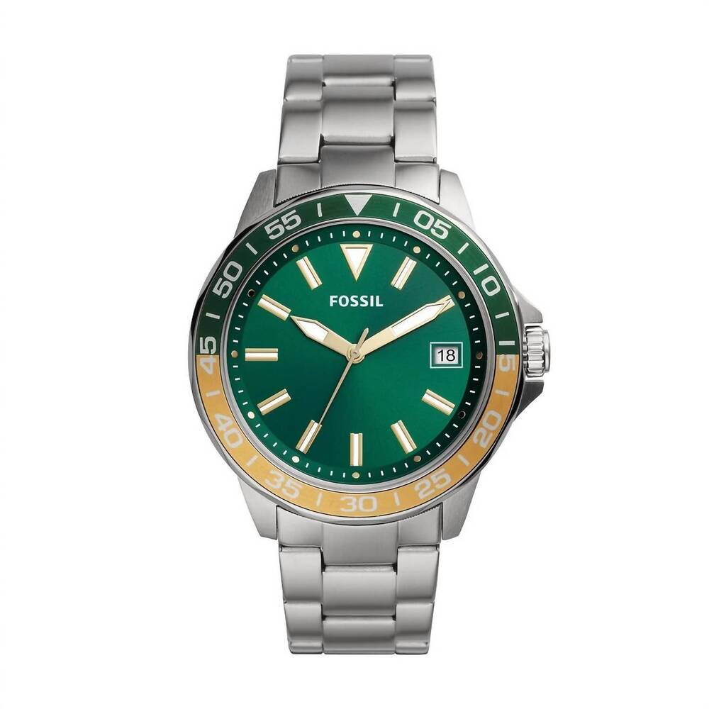 NEW FOSSIL men's stainless steel bracelet watch in green / silver / yellow